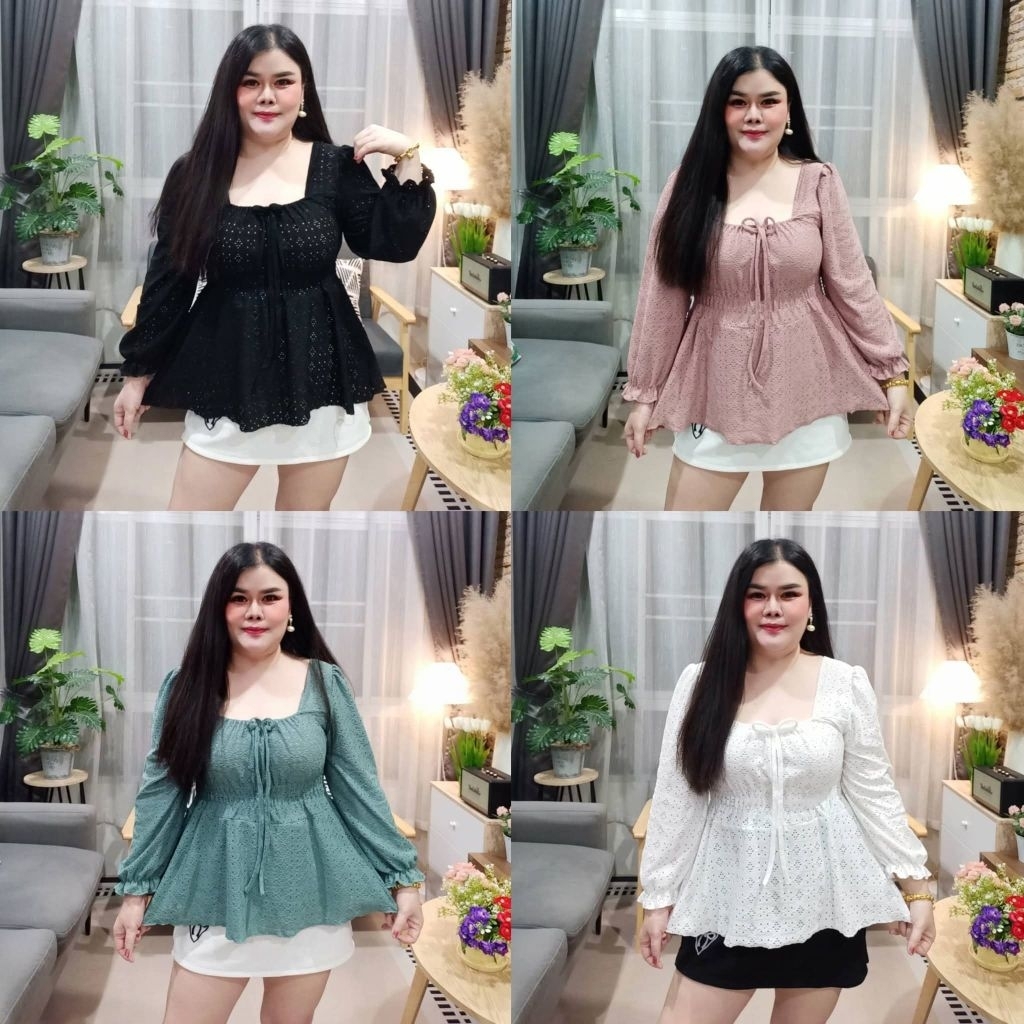A-03 เสื้อคอเหลี่ยมจั๊มเอวแขนยาวแต่งโบว์ ผ้าฉลุ