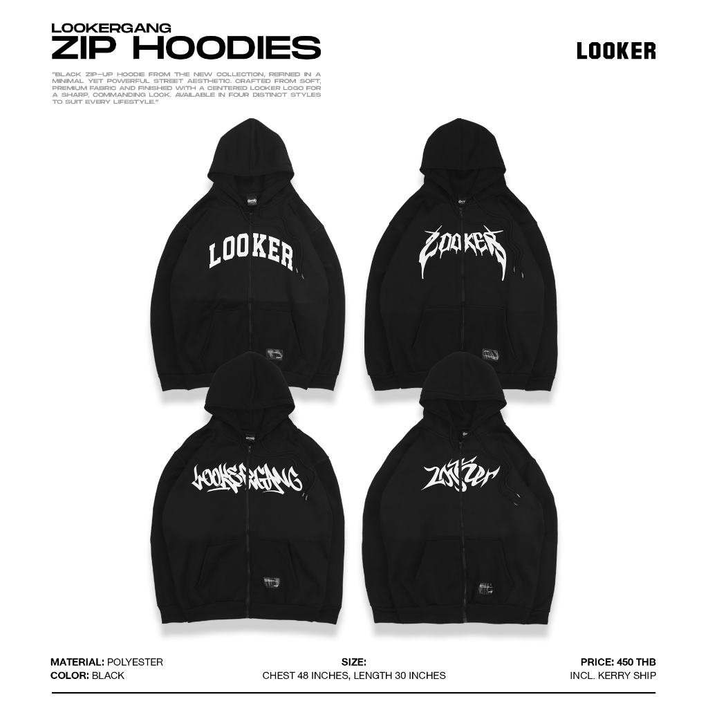เสื้อฮู้ดซิปสีดำใหม่ล่าสุด LOOKERGANG — ZIP HOODIES