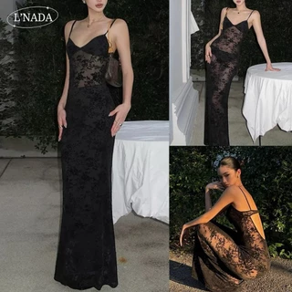 【L'NADA】Lace Backless Dress พร้อมส่ง เดรสยาวสายเดี่ยวลูกไม้ซีทรู โชว์หลัง มีซับใน