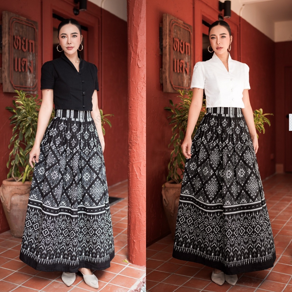 เซ็ทลายแพรวากาฬสินธุ์เสื้อคอปีนแบบใหม่และกระโปรงทรงจีบทวิตมี2สี(ผ้าฝ้ายพิมพ์ลาย)