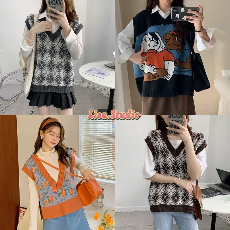 🦄พร้อมส่ง🦄เสื้อกั๊กไหมพรม เสื้อกันหนาวไหมพรม เสื้อกั๊ก ไหมพรม คอวี สไตล์เกาหลี