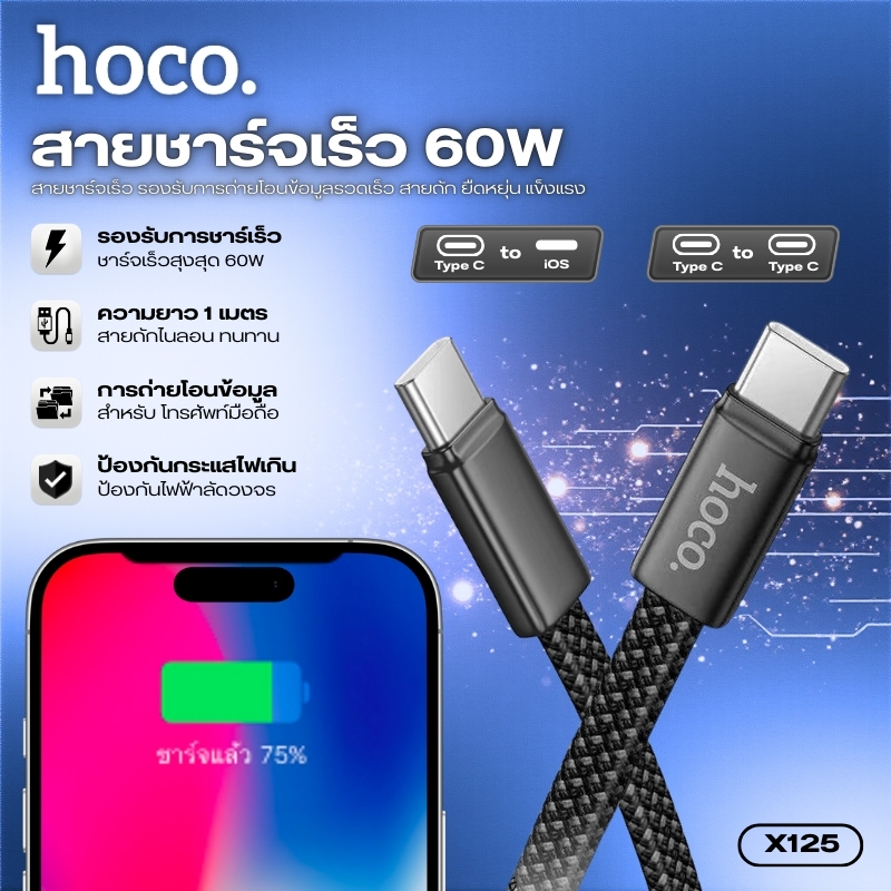 สายชาร์จเร็ว 60W 1 เมตร HOCO X125 สำหรับ TC-TC/TC-iOS สายถักไนลอน หัวชาร์จอลูมิเนียมพรีเมียม ทนต่อการใช้งานหนัก