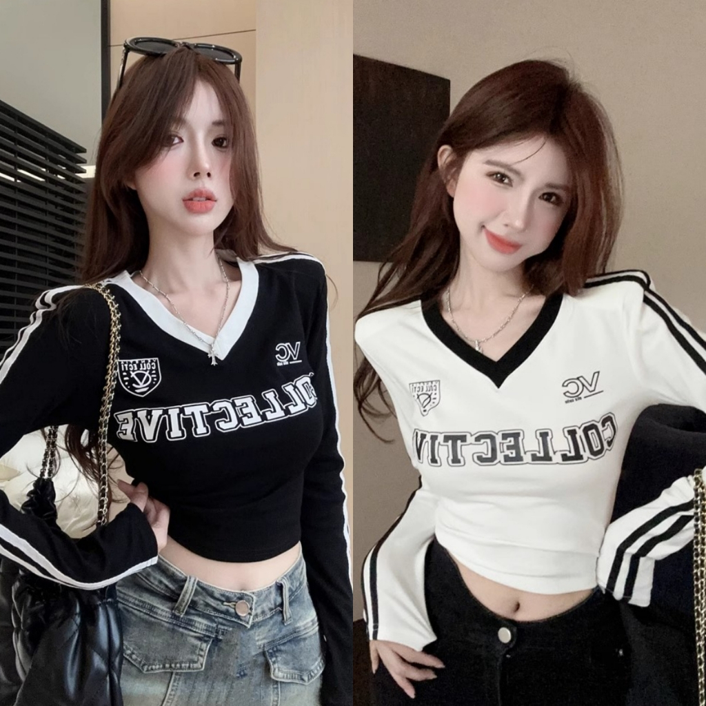 Yline 🧡💛เสื้อยืดแขนยาวผู้หญิงสไตล์อเมริกัน คอวี ทรงเข้ารูป ดีไซน์สีตัดกัน มีให้เลือก 3 สี