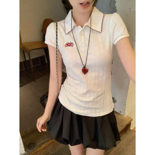 🦄พร้อมส่ง✨เสื้อยืดแขนสั้นคอปก เสื้อครอปไหมพรม เสื้อคอปกกระดุมหน้า ผ้านิ่ม ใส่บาย มินิมอล สไตล์เกาหลี