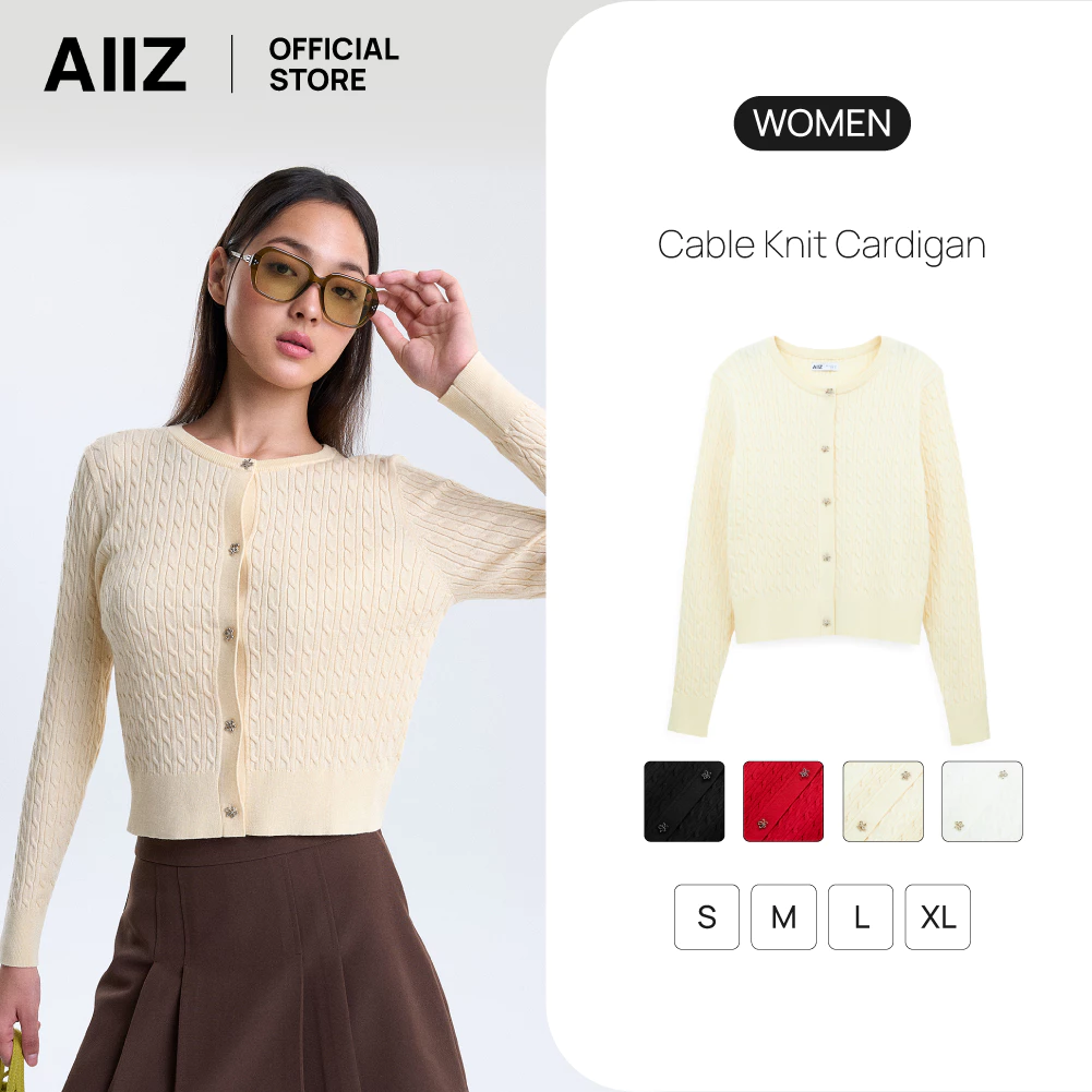AIIZ เสื้อคาร์ดิแกนผู้หญิง ผ้าถักทอลายเคเบิล AIIZ Women's Cable Knit Cardigan