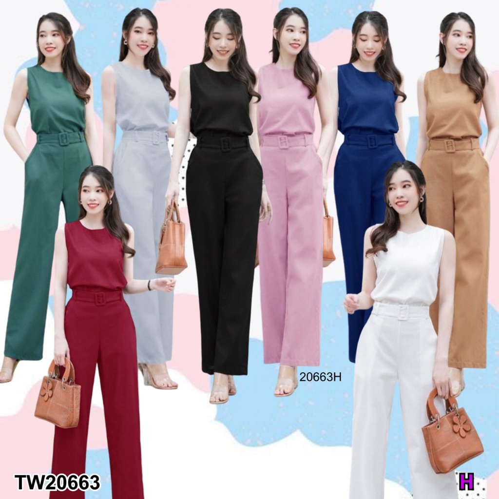 TT20663 Set 3 ชิ้น เสื้อคอกลม แขนกุด กับกางเกงขายาว  เข็มขัด