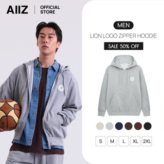 AIIZ เสื้อฮู้ดผู้ชายแบบซิปผ้าเฟรนช์เทอร์รี่ย์ โลโก้สิงห์ AII…