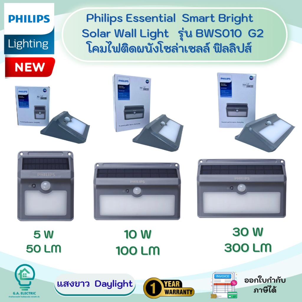 Philips โคมไฟติดผนัง โซล่าเซลล์ ฟิลิปส์ Essential SmartBright Solar Wall Light รุ่น BWS010 G2 ขนาด 5W/ 10W / 30W