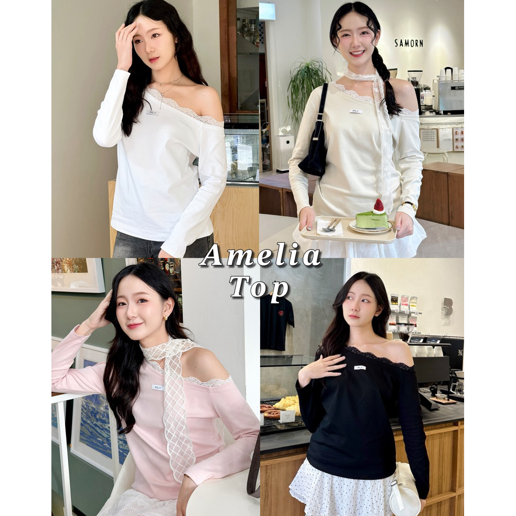 imily.style : Amelia Top เสื้อปาดไหล่ 📌เสื้อทุกสีแถมลูกไม้ผ้าพันคอลายเดียวกับลูกไม้เสื้อ