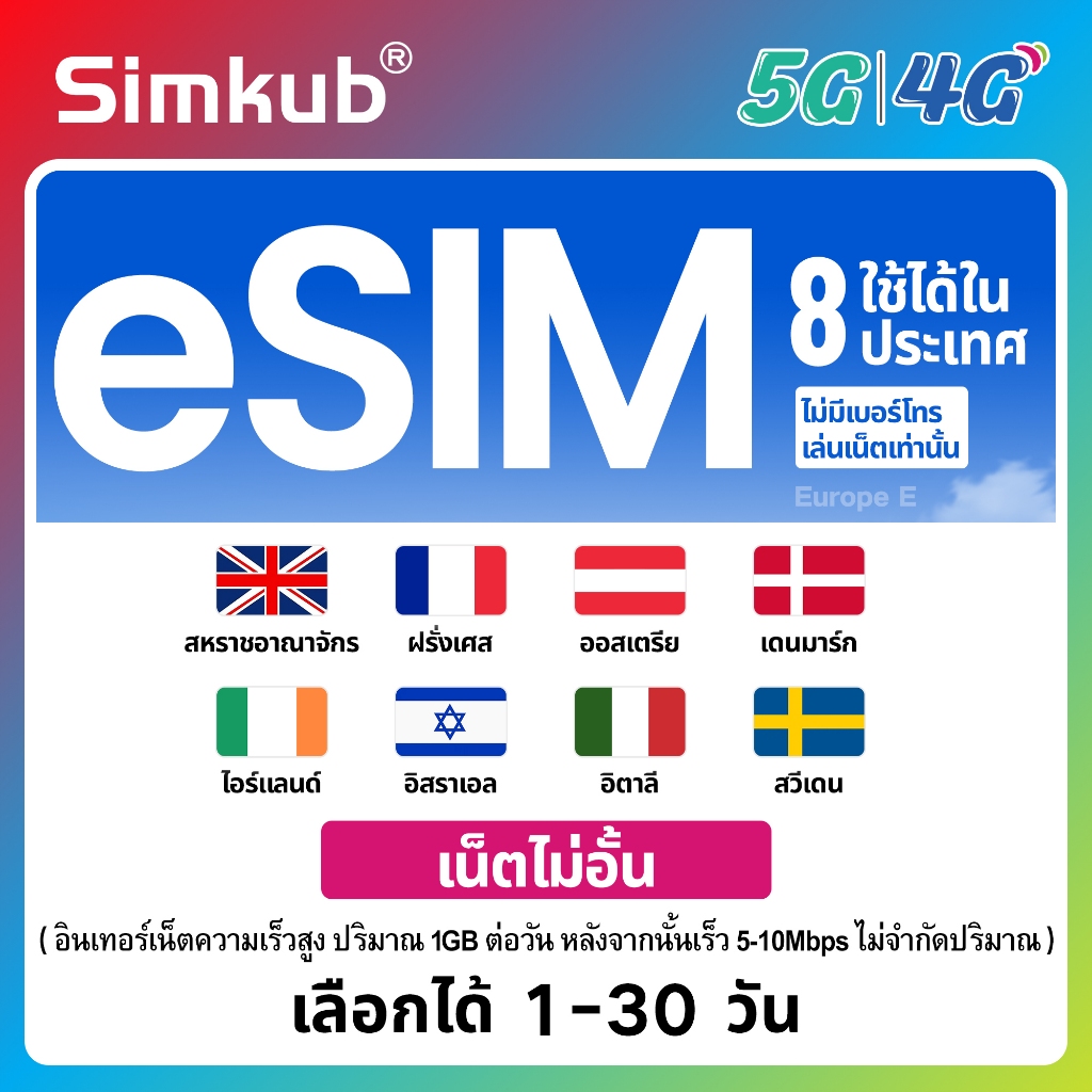 eSIM Europe E | 8 countries ใช้ได้ใน 8 ประเทศ ซิมท่องเที่ยว เน็ตไม่จำกัด รองรับ 5G/4G เลือกได้ 1-30 