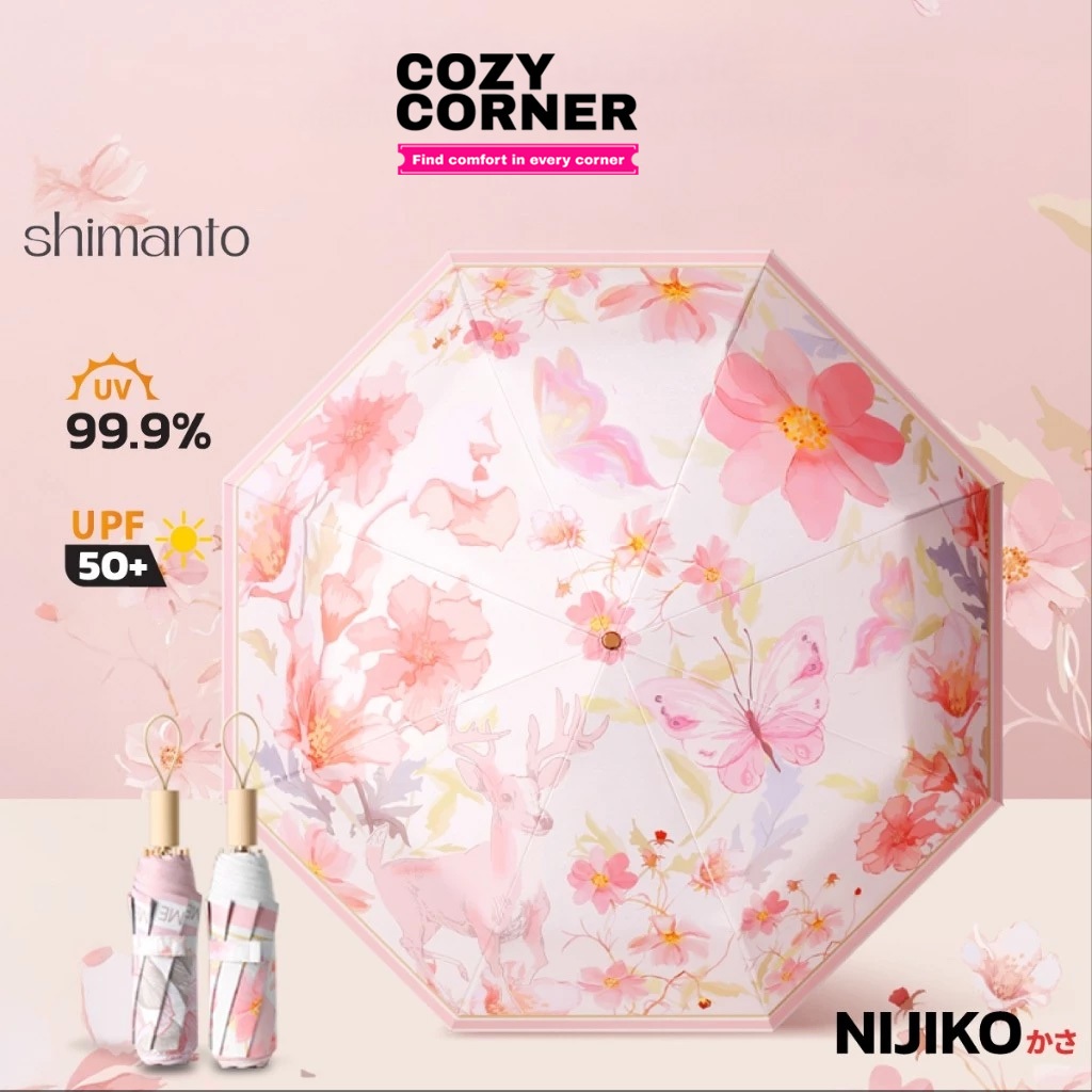 NIJIKO ร่มพับ ลายดอกไม้ เคลือบสารกัน UV กันแดดและฝน ป้องกัน UV99.9% UPF 50+ โครง 8 ก้าน