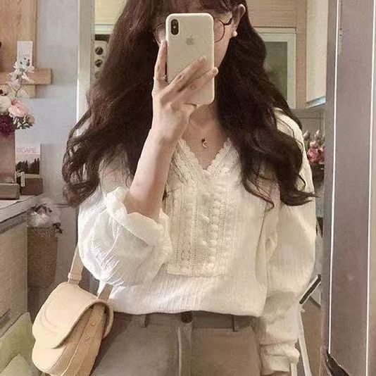 ❤easy❤ผู้หญิง ลูกไม้แขนยาว เสื้อเชิ้ต เรียบง่าย แฟชั่น