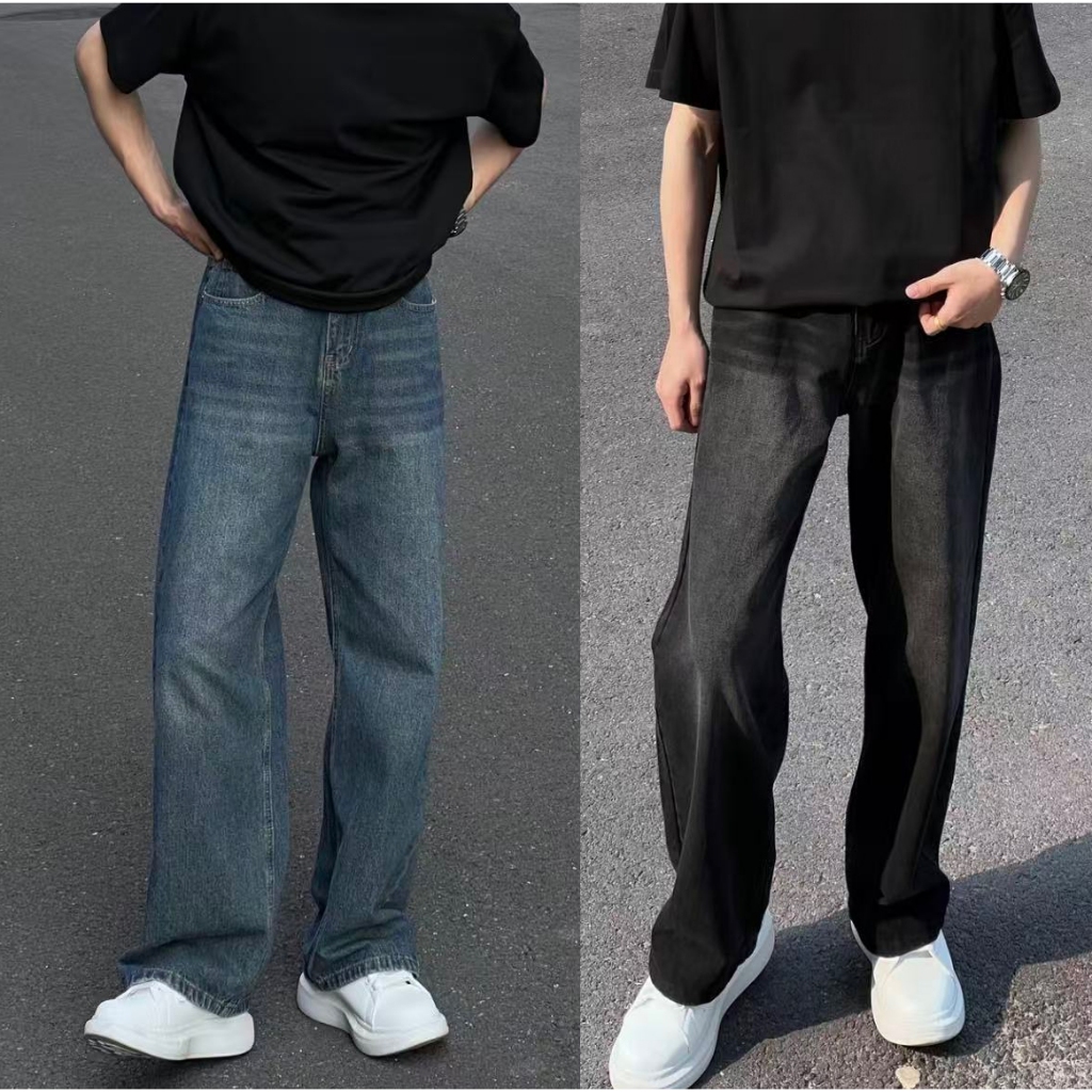 กางเกงยีนส์ทรงตรงพื้นฐาน ขากว้างพิเศษแบบ Unisex สำหรับผู้ชายและผู้หญิง สไตล์ กางเกงยีนส์ขายาวกระบอกใหญ่