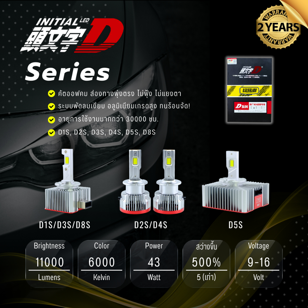 หลอดไฟหน้า LED INITIAL D Series  ที่สุดของความสว่าง คมชัดเส้นคัตออฟคม  รองรับขั้วหลอดไฟ D1S/D2S/D3S/