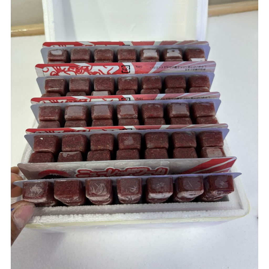 (ส่งด่วนภายใน1วันถึง )อาหารสดแช่แข็งหนอนแดงแช่แข็งยี่ห้อ fuji  ขาย10 แพ็ค 1แผ่นมี 28 หลุม