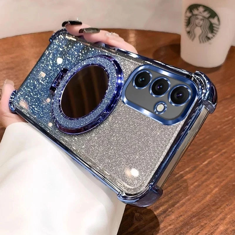 เคสตั้งได้ สำหรับ Samsung A17 A18 A27 A16 A55 A36 A56 A57 A37 S26FE S24FE S25FE A02S A03S สวยหรู กากเพชร แหวนกระจก 2in1