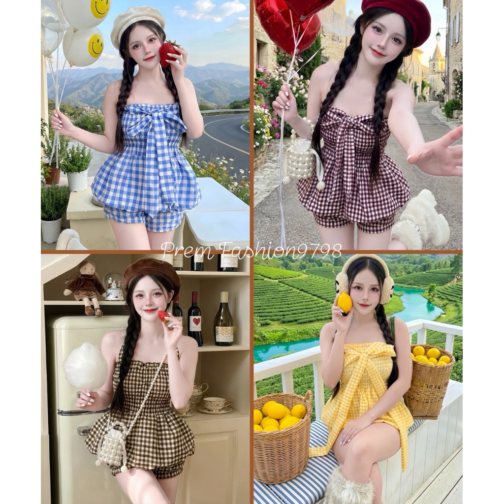 @PREM🌸New Correction🍋เสื้อ+กางเกงชุดเซ็ทเสื้อสม๊อคทรงบอลลูนสายผูกคล้องคอหรือผูกเป็นโบว์ได้พร้อมกางเกงซับขาจั๊ม