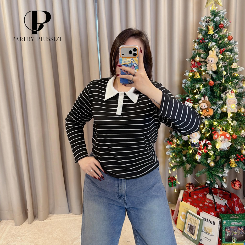 เสื้อยืดคอปกแขนยาวลายทางผ้าร่องพรีเมียมนิ่มมาก ใส่สบายผิว ยืดเยอะมาก อก38-54 นิ้ว ก่อนยืด 48 - รุ่น 