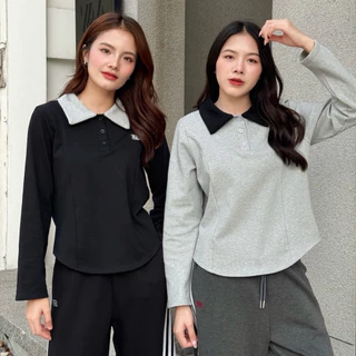 SISSY : เสื้อแขนยาวคอปกทูโทน (S-XXL) ชายโค้ง ผ้านุ่มยืดแน่นใส่สบาย แต่งลายเส้นใส่แล้วหุ่นสับเอวคอด