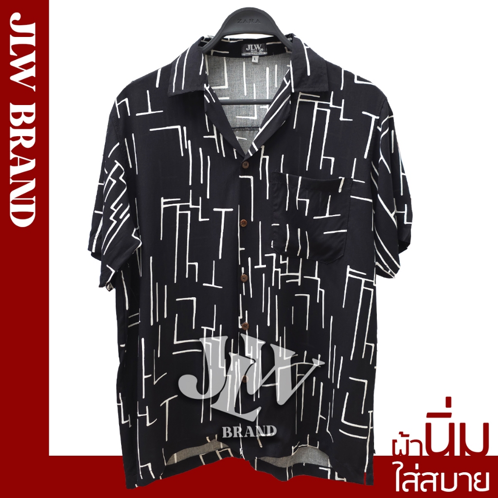 เสื้อฮาวาย ลายขีดกราฟฟิค ผ้านิ่ม M L XL Oversize คอฮาวาย JLW BRAND