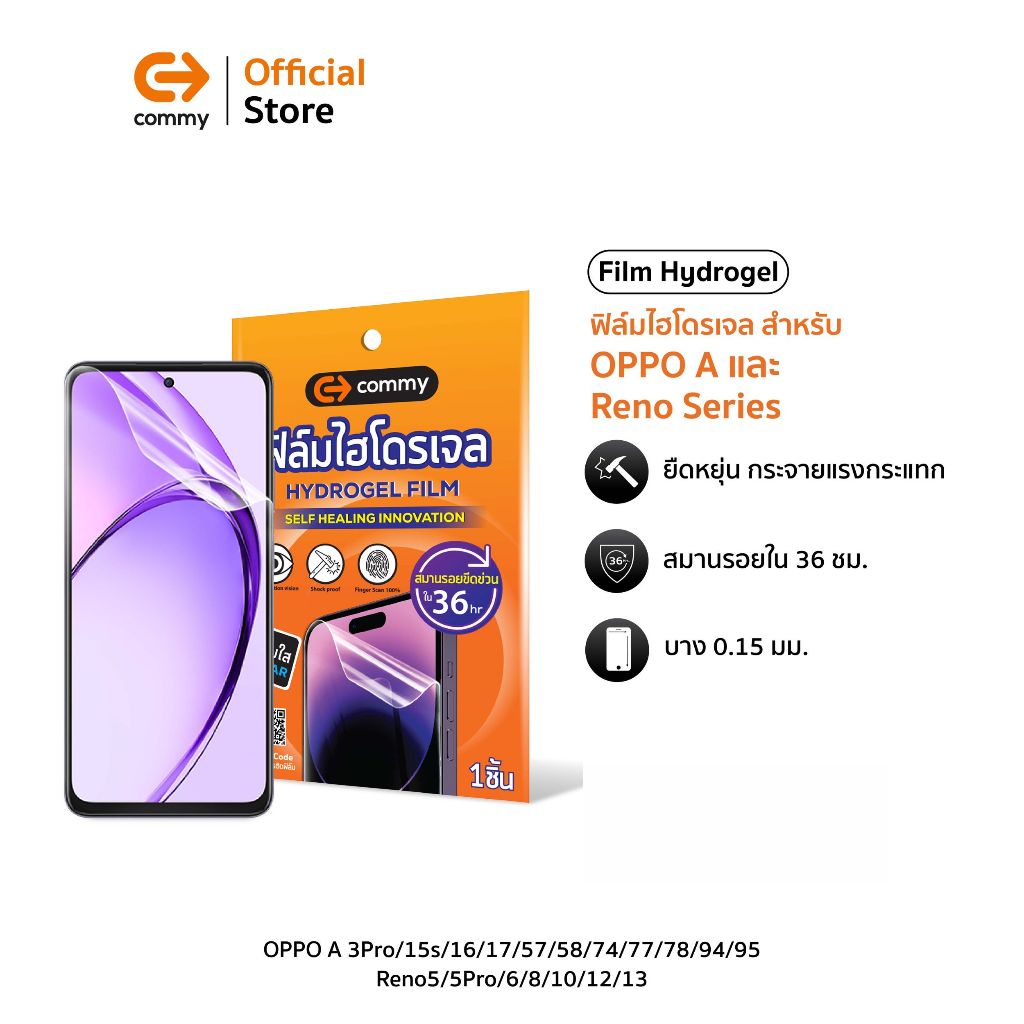 Commy ฟิล์มกันรอยไฮโดรเจลสำหรับ OPPO A 3Pro/15s/16/17/57/58/74/77/78/94/95, Reno5/5Pro/6/8/10/12​/13
