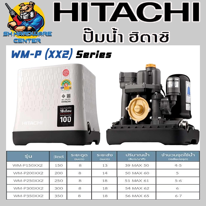 ปั้มน้ำออโต้แรงดันคงที่ ถังเหลี่ยม มีให้เลือก ขนาด 150 - 350w ยี่ห้อ HITACHI รุ่น XX2 SERIES