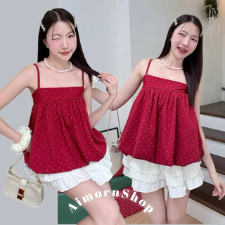 🔥aimorn_shop🔥เสื้อสายเดี่ยวทรงบอลลูน ลายจุด น่ารักมาก ปรับสายได้ ผ้าใส่สบาย