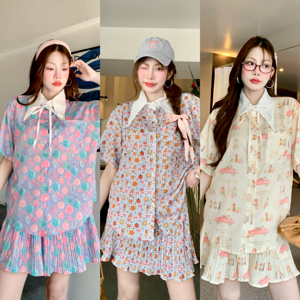 Set Skirt เซ็ตเสื้อโปโลสีขาว + กระโปรงพลีท ลายสวยน่ารัก อก 44 นิ้ว (พร้อมใส่)