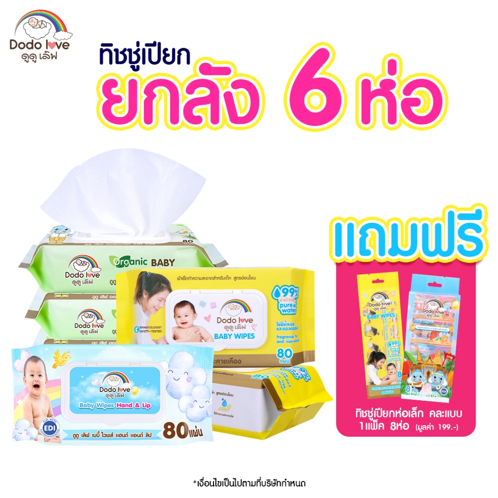 [ยกลัง6] DODOLOVE ทิชชู่เปียก Baby Wipes ผ้าเช็ดทำความสะอาดสำหรับเด็ก ออร์แกนิค ห่อใหญ่ 80 แผ่น แถมฟรี ขนาดพกพา 1แพ็ค