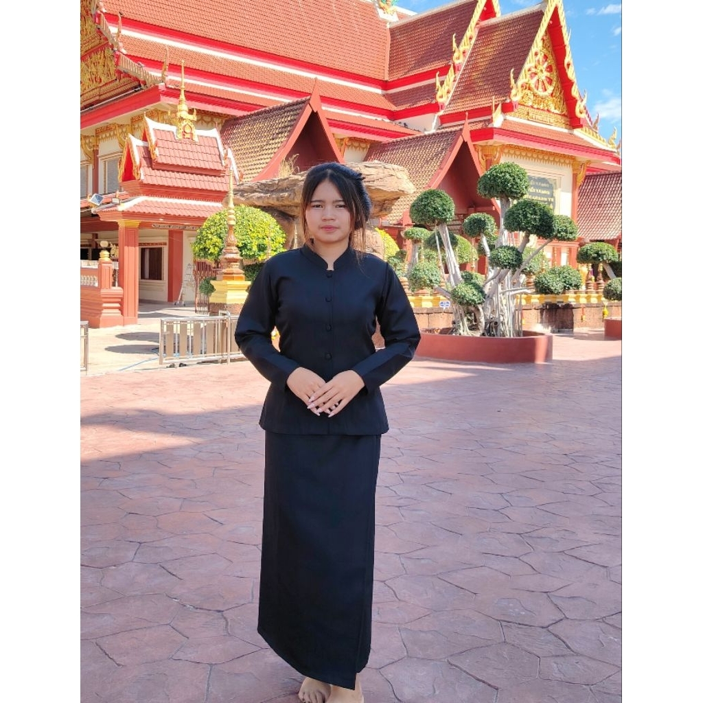 ชุดดำ​จิตรลดา​แขนยาวผ้าถุง​ป้าย เนื้อผ้าโซ​ล่อน​