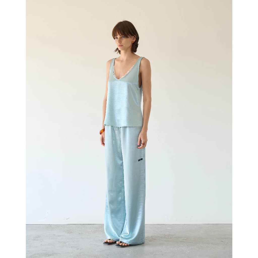 Patcha.co - IRIS Relaxed Satin Wide-Lig Pants in Mist Blue and Ivory กางเกงขายาวผ้าซาติน - PCCB037