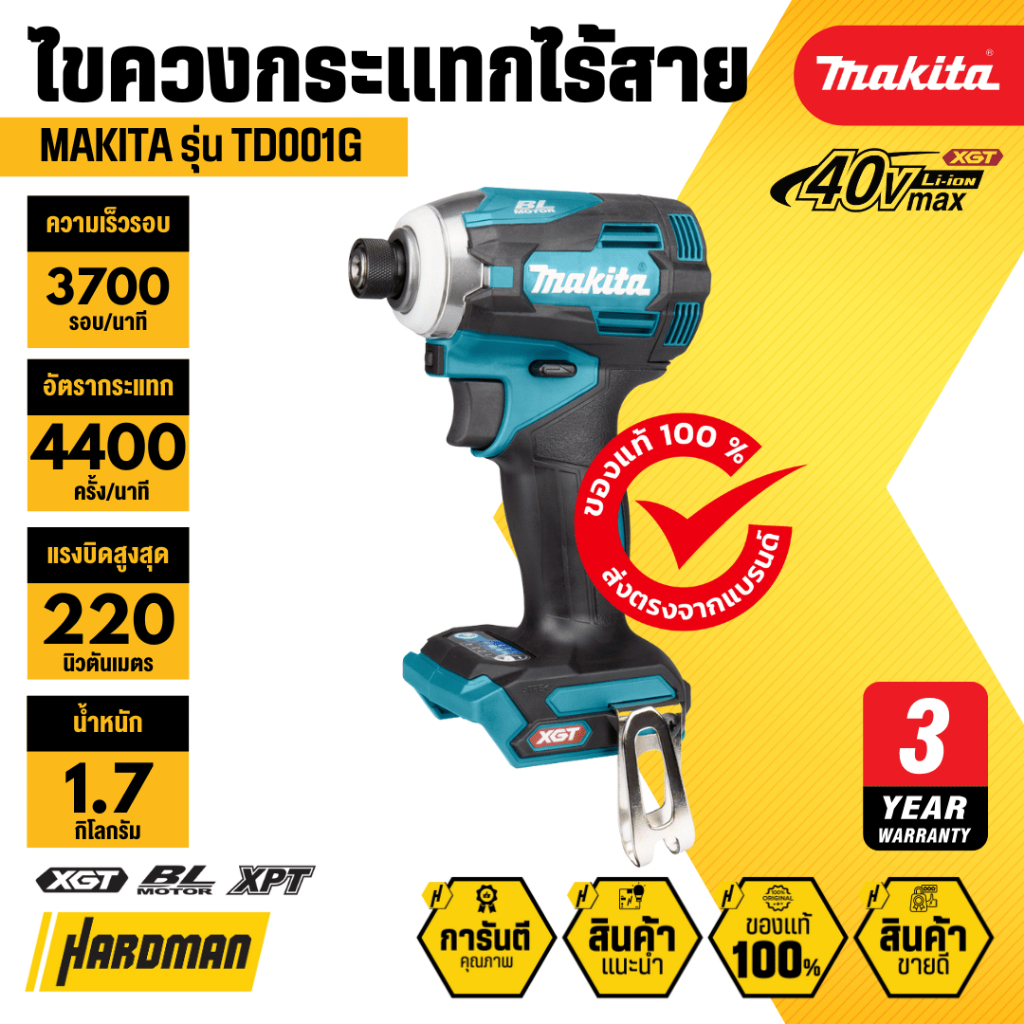 MAKITA TD001G ไขควงกระแทกไร้สาย 1/4 นิ้ว 40V แรงบิดสูงสุด 220 นิวตันเมตร