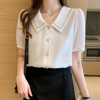เสื้อเชิ้ตแขนสั้น แต่งปักเย็บตรงปกคอเสื้อ ทรงสวยเข้ารูป ผ้าไหมอิตาลี่ สไตล์มินิมอลเรียบๆ #097