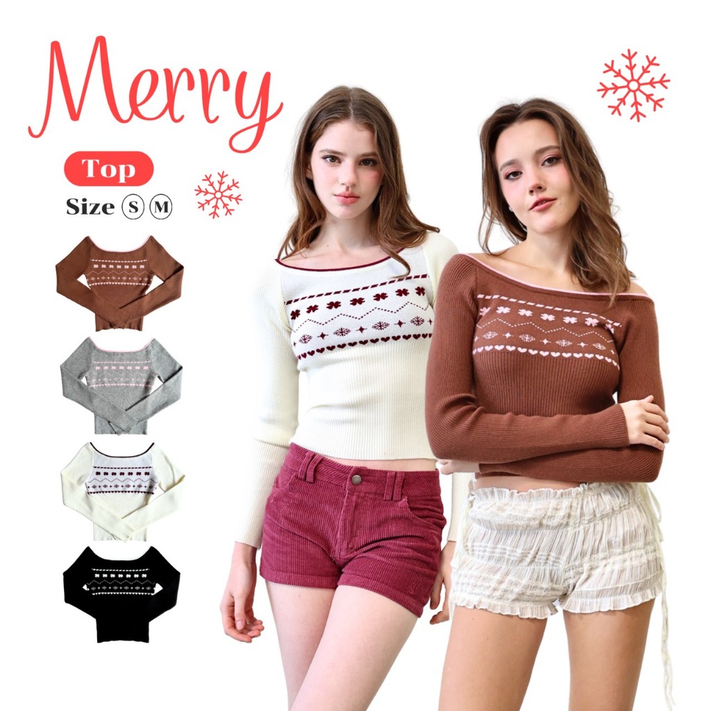 JARINYA (S-M) เสื้อไหมพรมปาดไหล่ ปักลายตรงอก (T1041)