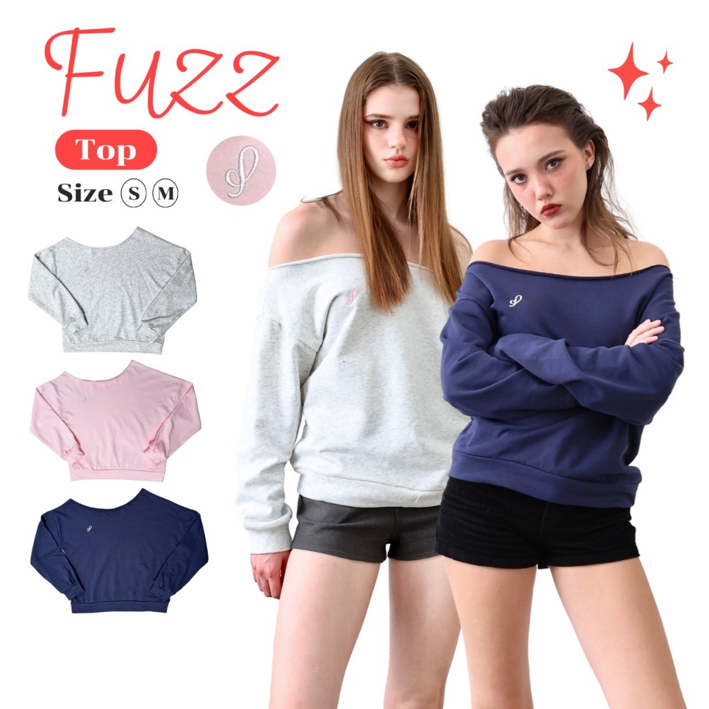 JARINYA (S-M) เสื้อปาดไหล่แขนยาวสีพื้นปัก JY (T1037)