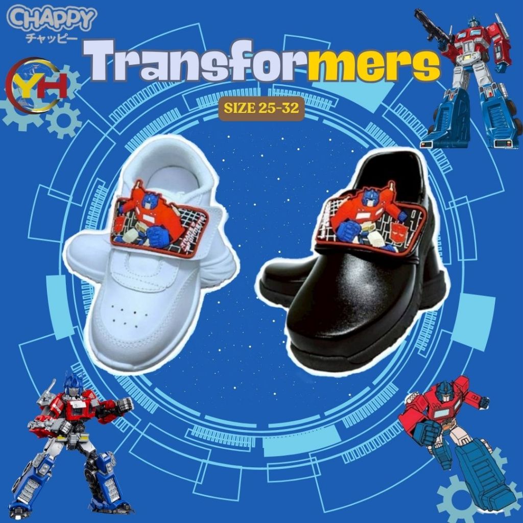 รองเท้าหนังดำ วอร์มขาว Chappy เด็กอนุบาลผู้ชาย ลาย Transformers   รุ่นใหม่ 2026 มีไฟกระพริบ รองเท้านักเรียน [พร้อมส่ง🎈]