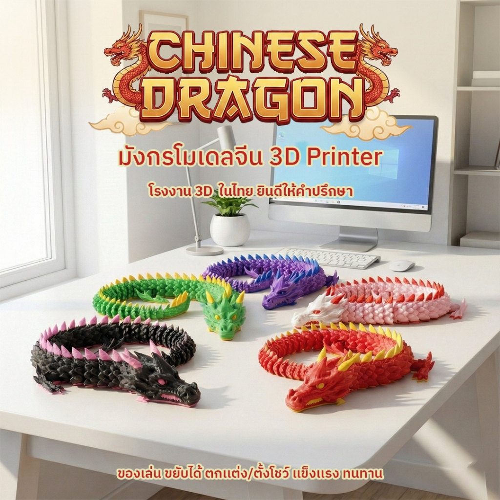 มังกรจีน 3D   ของสะสมแฟนตาซี พิมพ์ 3 มิติ สีสดใส ยืดหยุ่นได้ วัสดุ PLA คุณภาพดี ตกแต่งโต๊ะสุดเท่ห์