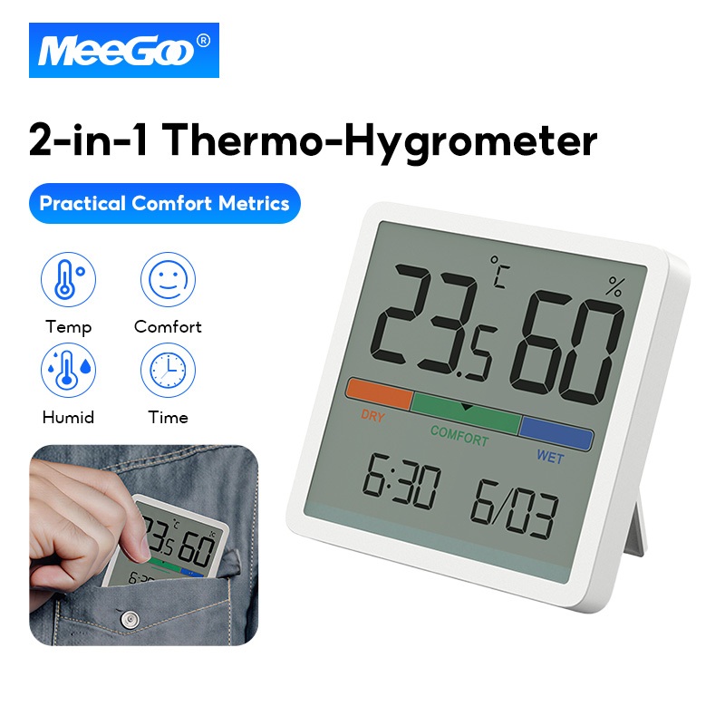 MeeGoo เครื่องวัดอุณหภูมิและความชื้นแสดงวันที่ อุณหภูมิ เวลา LCD ดิจิตอล 12/24H สำหรับบ้าน