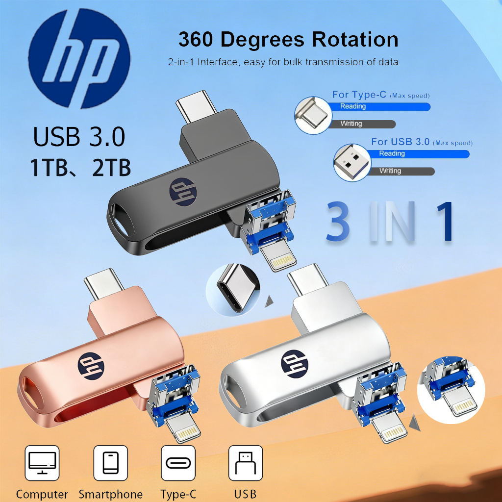 HP แฟลชไดร์ฟ 1TB 3 in 1 Flashdrive OTG USB ip/hone Flash Drive 1TB/2TB  แฟลชไดร์ฟ 3.0 Thumbdrive  กั