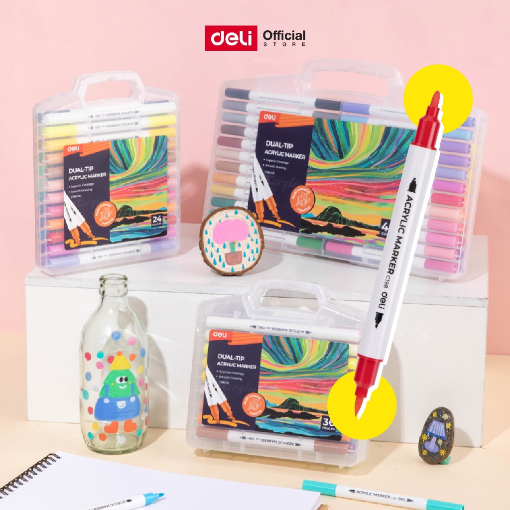 ชุดปากกาอะคริลิค Deli รุ่น C198 (24/36/48สี) ดีไซน์ 2 หัว (จำหน่าย 1 กล่อง) Acrylic Marker