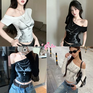 Rita พร้อมส่ง🎀เปิดไหล่ เสื้อยืดผู้หญิง แขนยาว สไตล์คาวาอี้ ส…