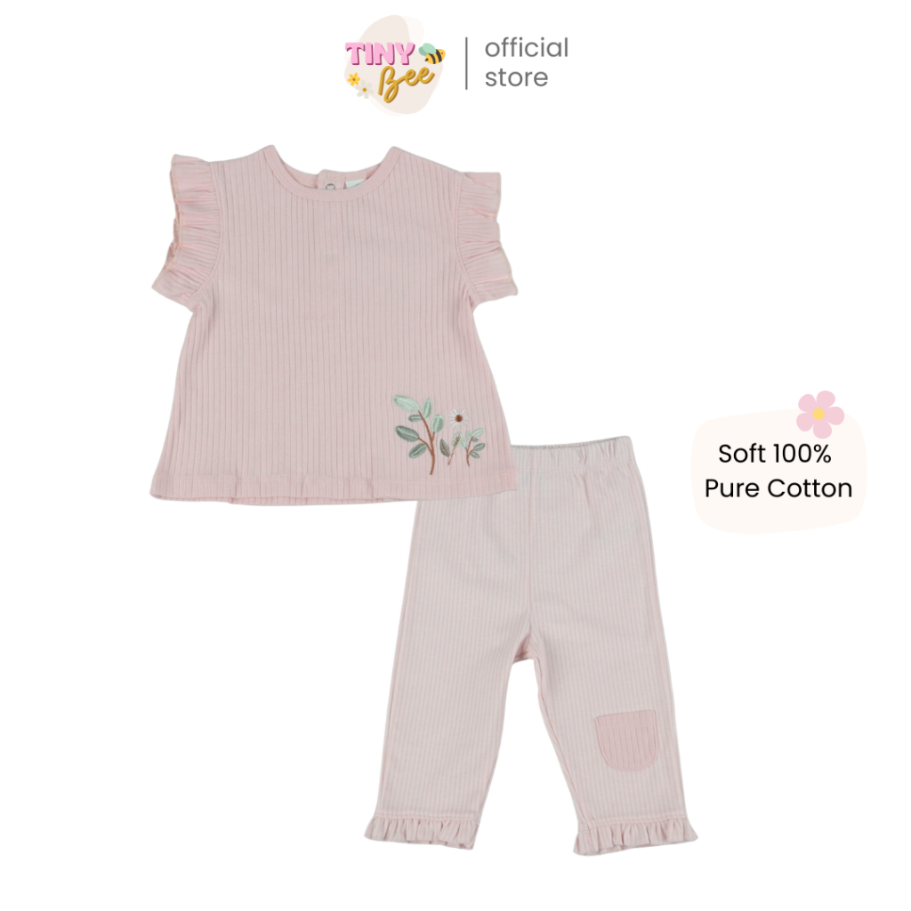TinyBee ชุดเซ็ตเสื้อผ้าฝ้าย Cotton 100% พร้อมกางเกง ชุดเด็กผู้หญิง ลายดอกไม้ กระต่าย อายุ 6-24 เดือน