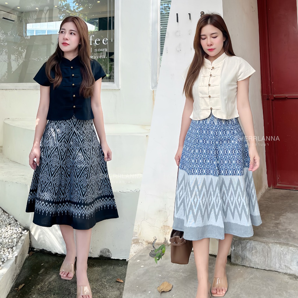 ชุดเซทผ้าฝ้ายลายไทยคอจีนชายโค้ง กระโปรงทรงย้วยงาน8ชิ้น