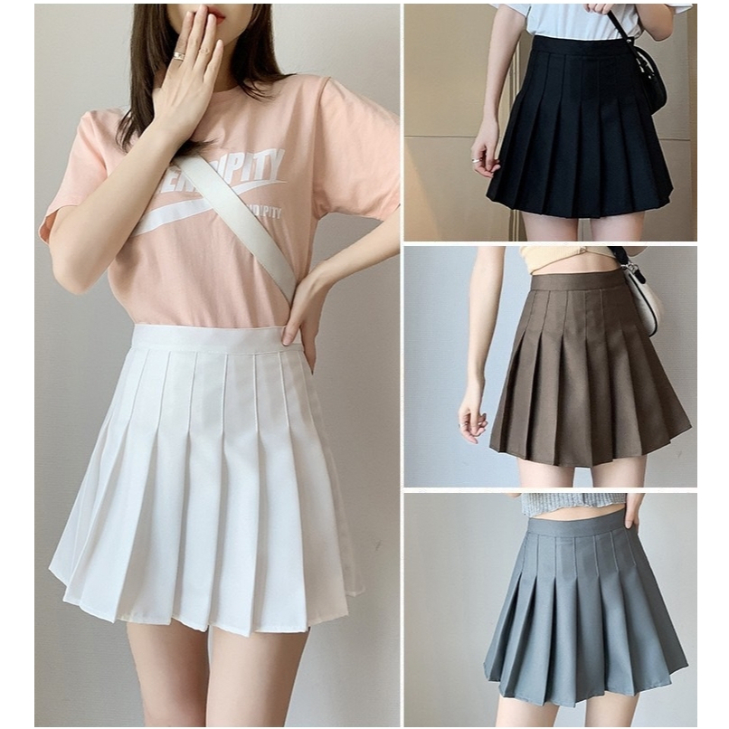 New SIZE XS-6XL กระโปรงเอวสูงอัดพลีทสั้น กระโปรงเทนนิสแบบสีพื้น #มีซับใน
