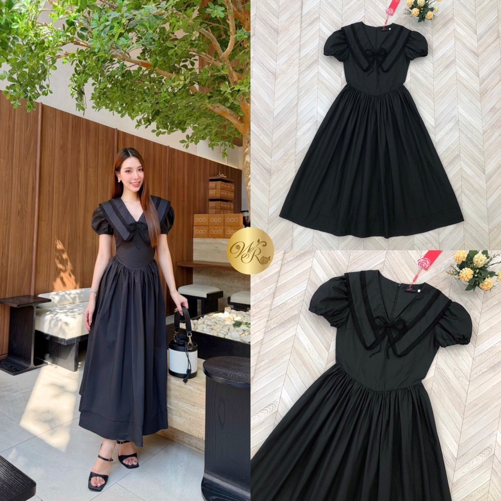 เดรสสีดำตัวยาว เดรสสีดำแขนตุ๊กตาปกคอเย็บ2ชั้น Widelia