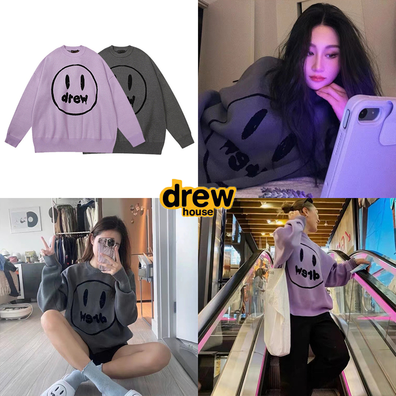 MINI-SHOP⚡เสื้อสเวตเตอร์ถักDrew House เสื้อสเวตเตอร์คอกลมทรงหลวมหน้ายิ้ม