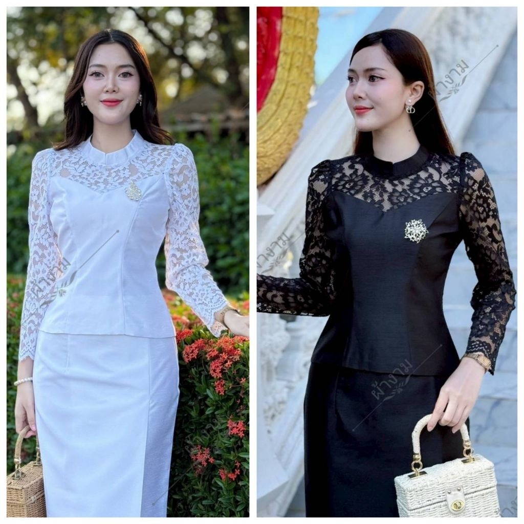 ชุดไทยบรมพิมาน เสื้อไหมสี่เส้นแต่งลูกไม้ ผ้าถุงสำเร็จงานซิปหลัง