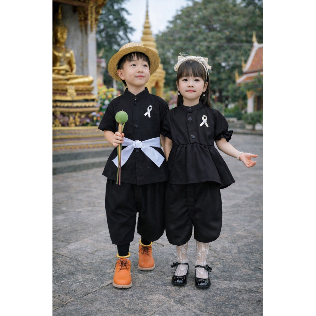 ✅พร้อมส่ง⚡️ชุดคู่ ชุดไทยประยุกต์ ลูกชาย ลูกสาว โทนสีดำ สุภาพ🖤