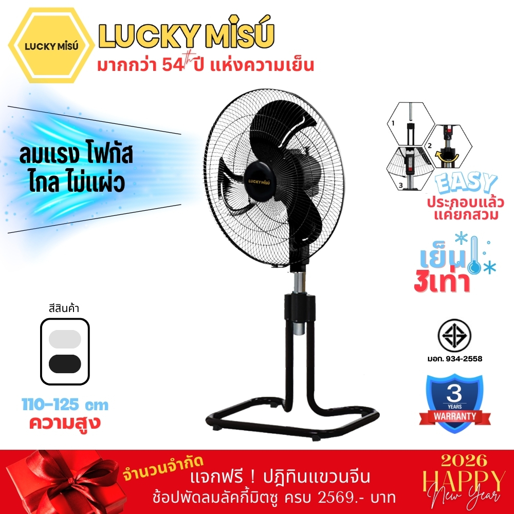 Lucky Misu พัดลมขากบ สไลด์ ตั้งพื้น 20" LM 232 สีดำ สีเทา ใบเงิน