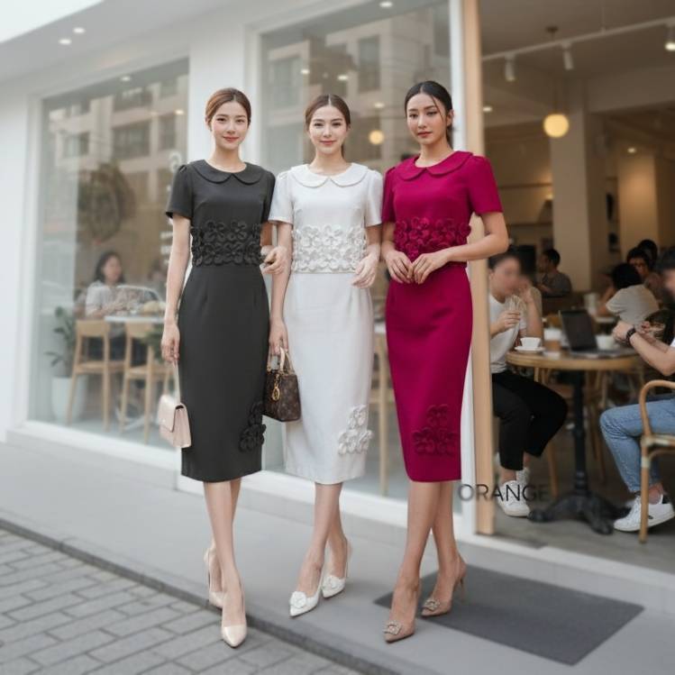 OR21931 ชุดเซ็ตทำงานเสื้อคอบัวแต่งปักดอกไม้ซิปหลัง กระโปรงทรงสอบ เรียบร้อย สุภาพ